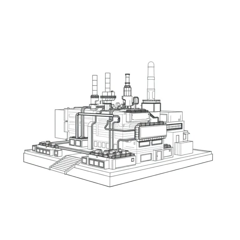 A futuristic, transparent factory model with integrated, glowing neural networks and a digital fortress wall