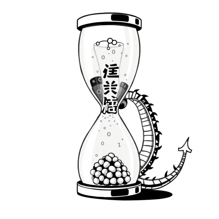A digital hourglass filled with binary code and traditional Chinese characters, with a mechanical dragon's tail winding around it.