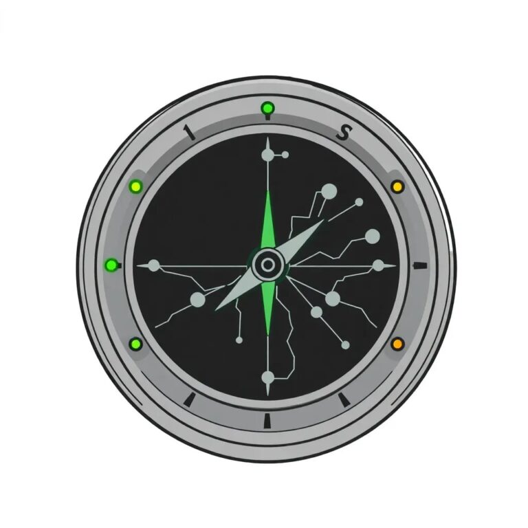 A cybernetic compass with a digital display that fluctuates between green, yellow, and red lights, and a needle that points towards a holographic map of interconnected networks.