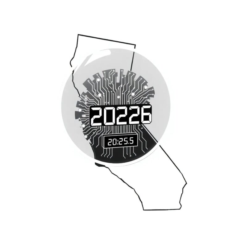 A futuristic, transparent data orb with pulsating circuits, encased in a golden frame shaped like the state of California, with a digital clock counting down to January 2026.