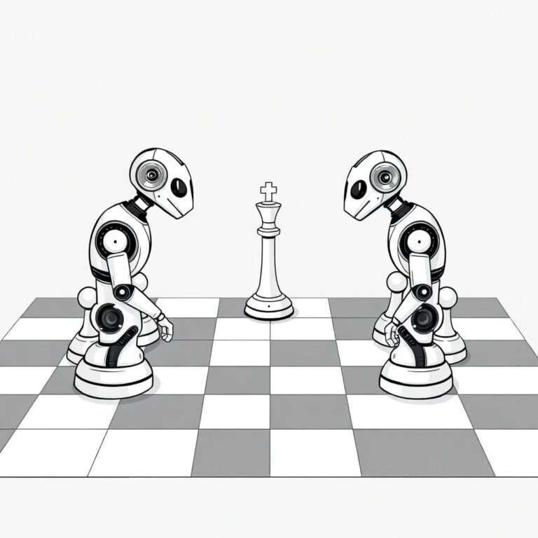 A chessboard with AI-driven robotic chess pieces playing against each other, with one side representing investment opportunities and the other representing potential risks.