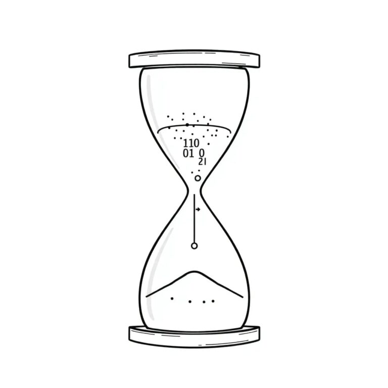 A digital hourglass with flowing binary code instead of sand