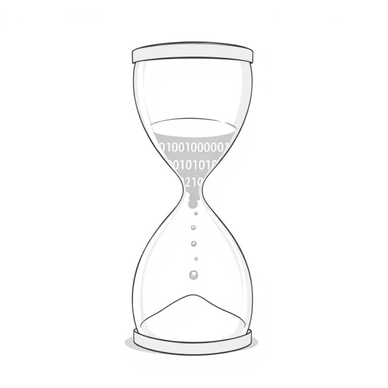 A futuristic, transparent hourglass filled with binary code instead of sand