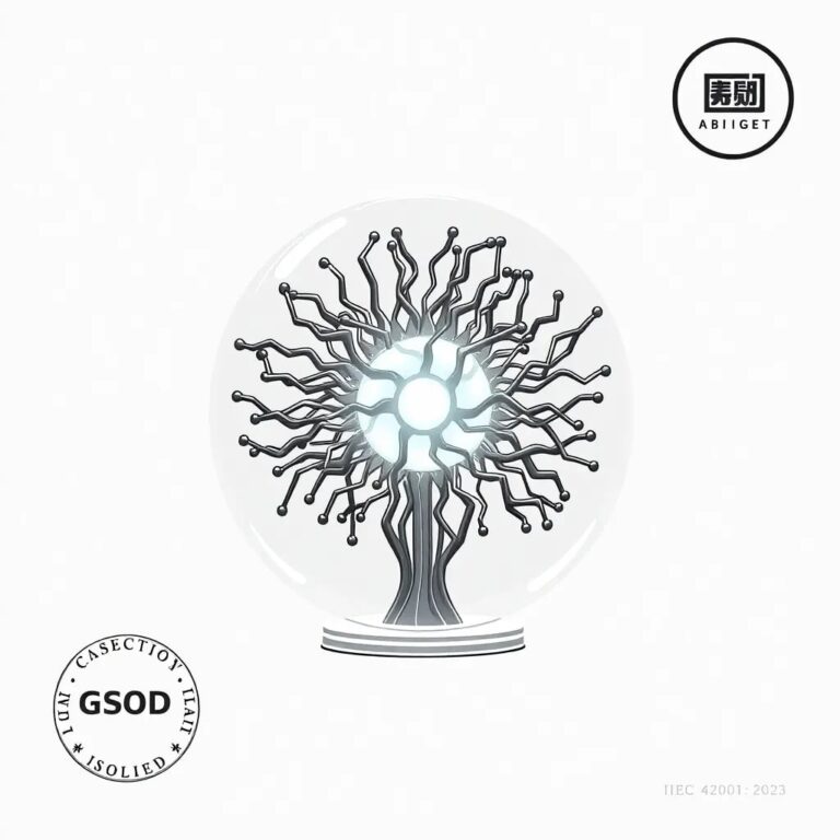 A futuristic, intricately designed AI neural network sculpture with a glowing, pulsating core, encased in a transparent, certified ISO/IEC 42001:2023 seal.