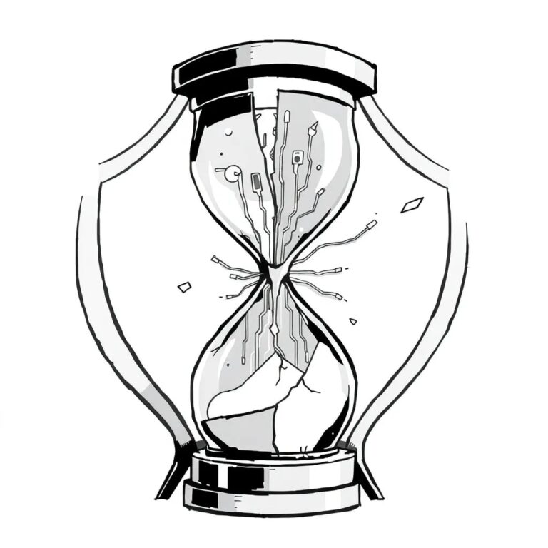 A shattered digital hourglass with AI circuitry exposed