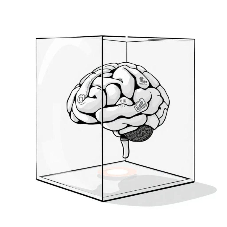 A futuristic, transparent AI brain encased in a glass cube, with corporate logos etched into the glass and a subtle, pulsating light that changes color based on compliance status.