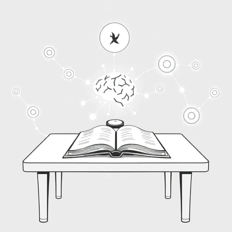 A robotic teacher's desk with an open book displaying a digital brain, surrounded by glowing, interconnected nodes representing ethical guidelines and learning pathways.