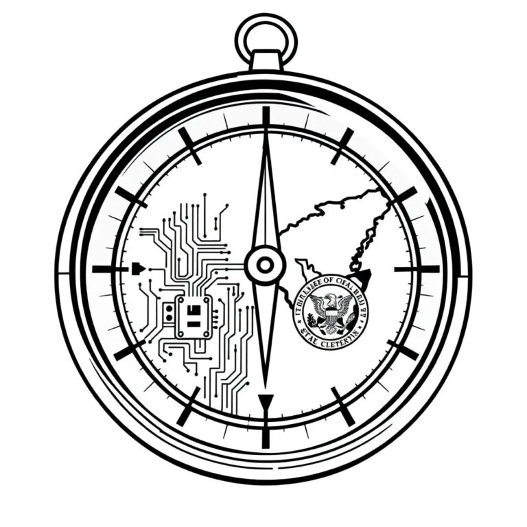 A compass with a dual-faced needle, one pointing to a digital circuit board and the other to a traditional map, encased in a glass dome with overlapping state and federal seals.