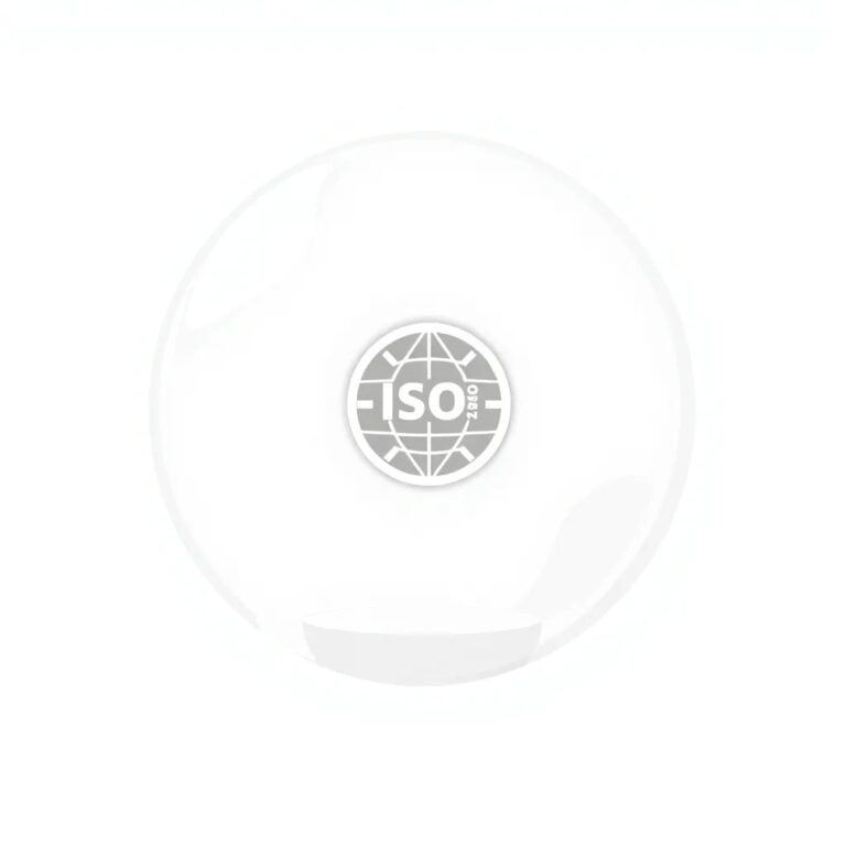 A futuristic, transparent AI neural network model suspended in a glass orb, with a glowing ISO/IEC 42001:2023 certification seal embedded within it.