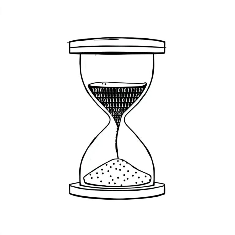 A digital hourglass with flowing binary code instead of sand