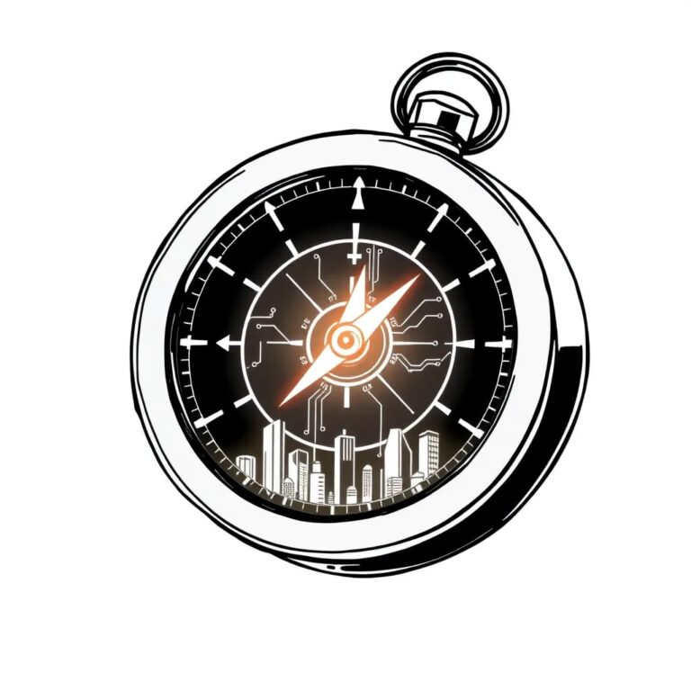 A digital compass with a glowing AI circuit board as its needle, floating above a miniature cityscape