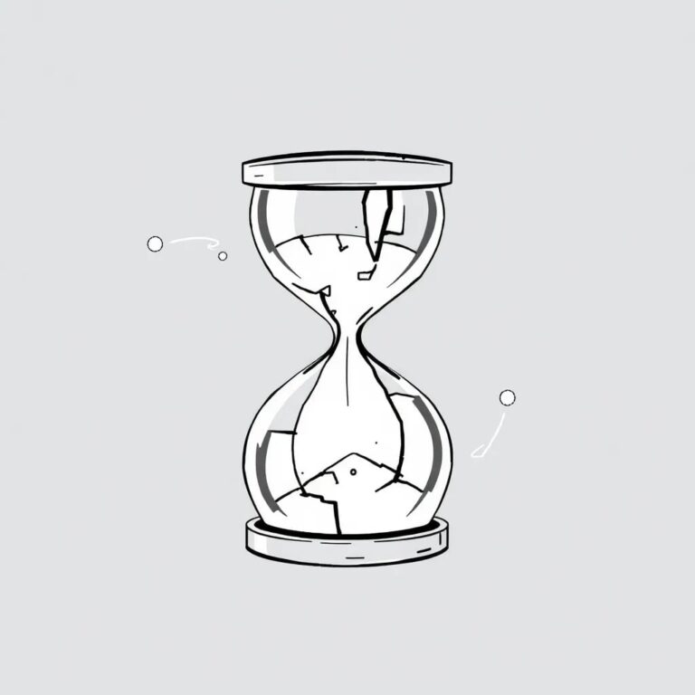 A shattered digital hourglass with binary code flowing through it