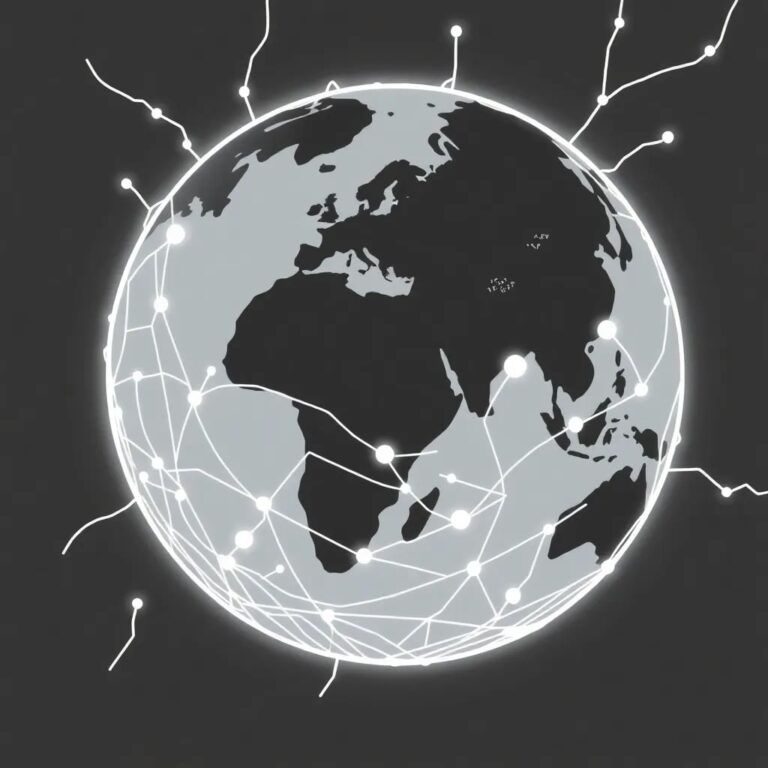 A digital globe with interconnected neural networks pulsating across its surface, displaying real-time currency exchange rates and transaction paths.