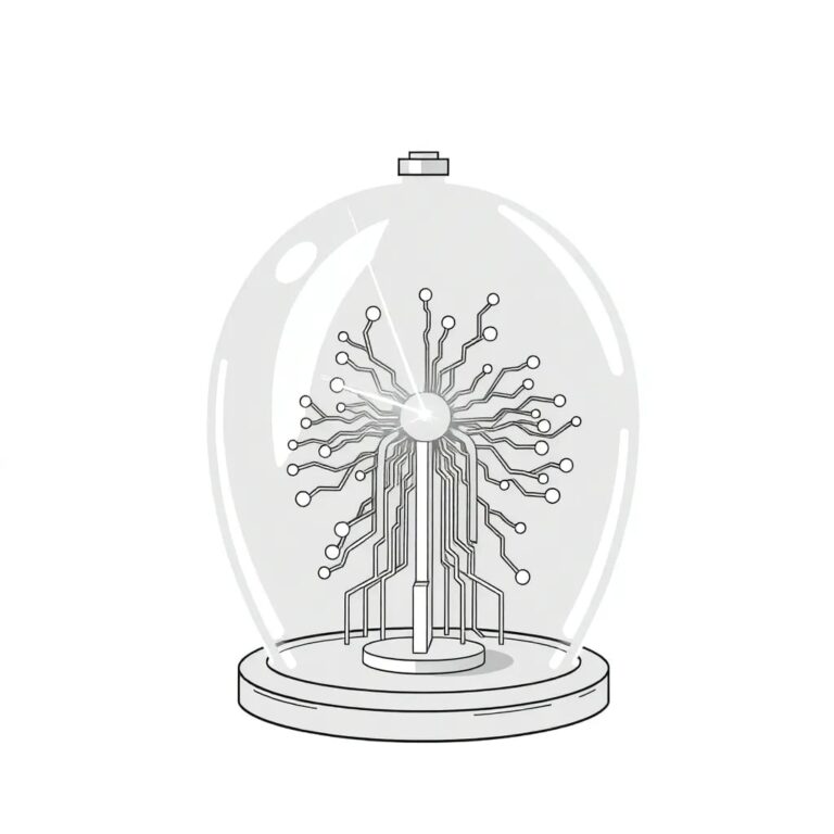 A futuristic, transparent AI neural network model encased in a glass dome, with a gavel-shaped laser beam periodically pulsing through it.