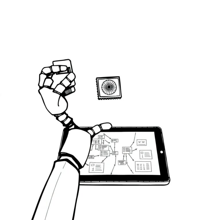 A robotic arm holding a traditional Indian ink stamp, poised above a digital tablet displaying a complex web of interconnected regulatory documents.
