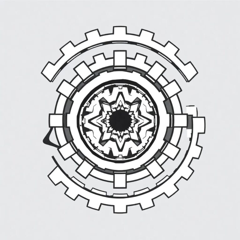 A cybernetic eye with a fractal iris, encased in a transparent, interlocking gear mechanism.