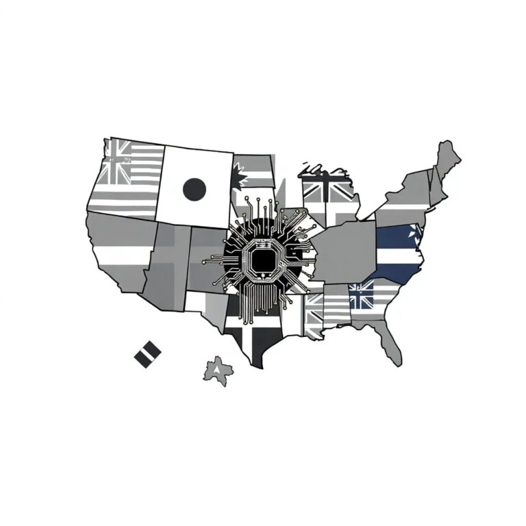 A shattered mosaic of state flags, with a digital circuit board emerging from the fragments