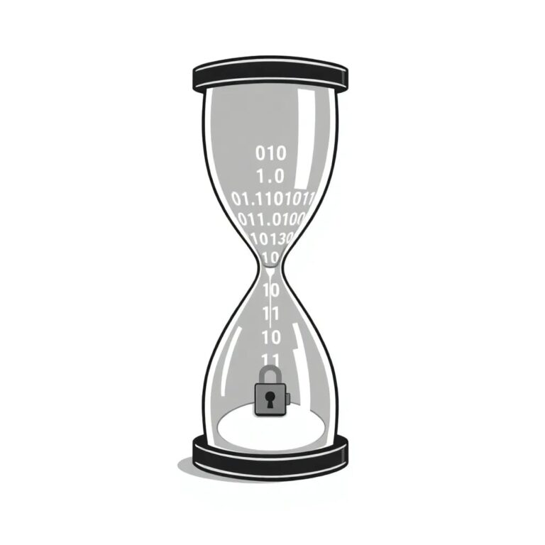 A digital hourglass filled with binary code that slowly drains into a shadowy, locked vault