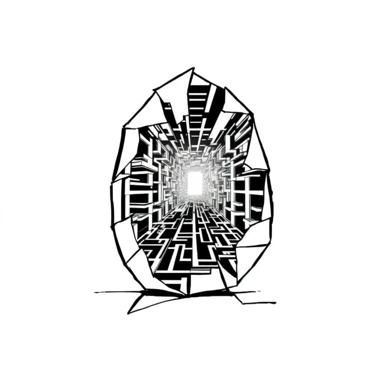 A shattered mirror reflecting a digital maze