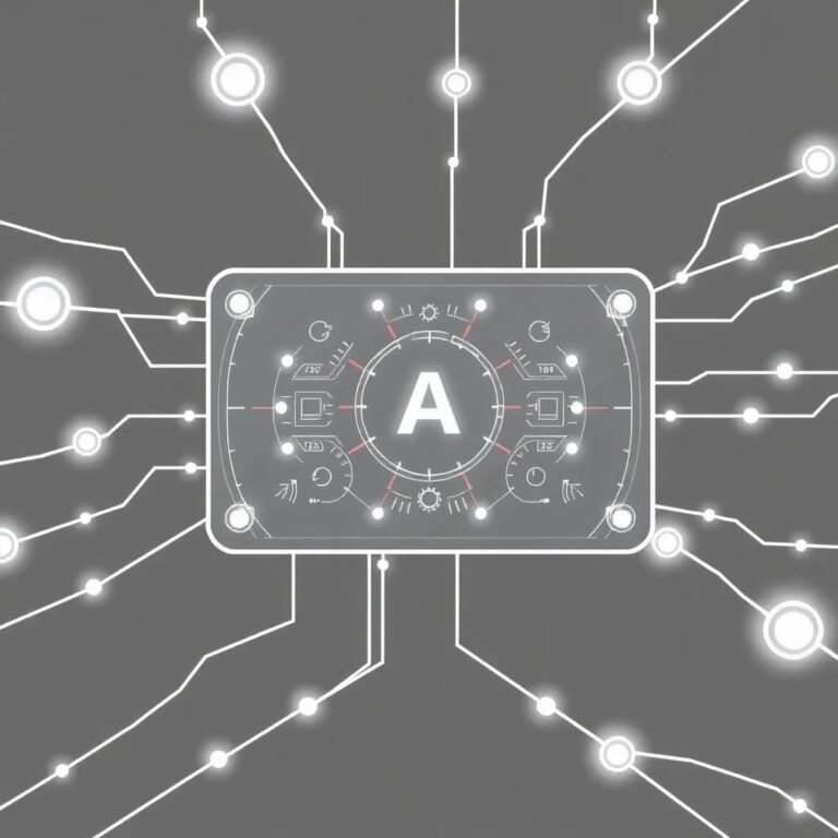 A futuristic, transparent AI control panel with glowing, interconnected nodes that pulse with data, surrounded by a dynamic, ever-changing network of digital pathways.