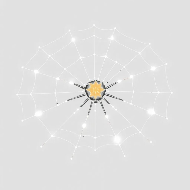 A holographic spiderweb with glowing nodes representing evidence, each strand pulsating with data as it connects to a central AI core.