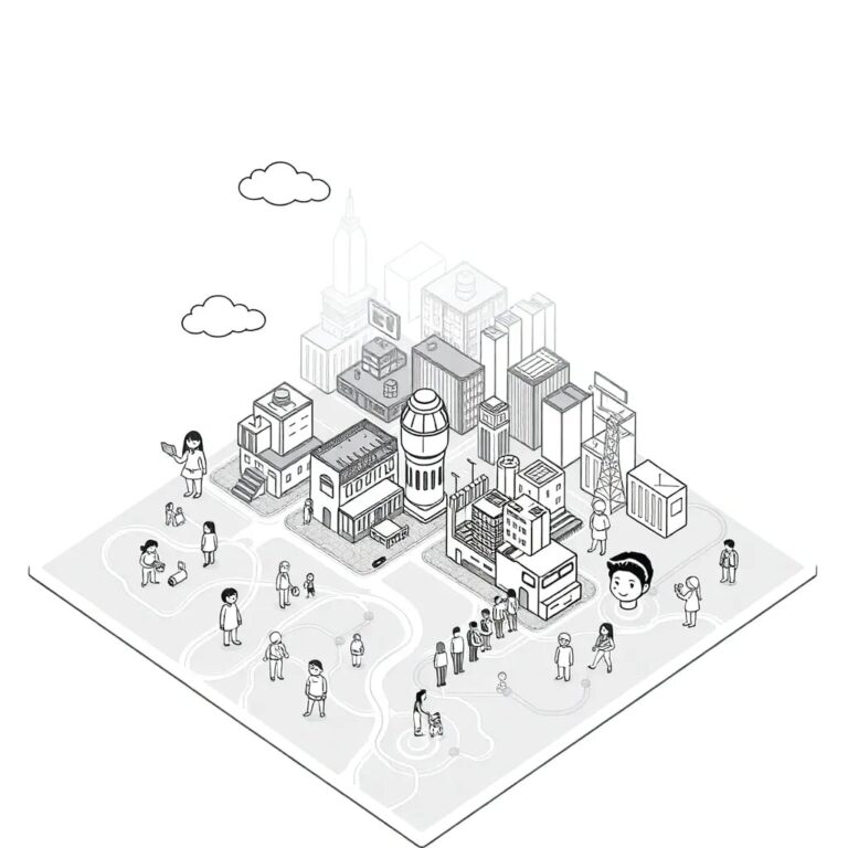 A dynamic, interactive holographic map that shows a community evolving in harmony with AI-driven infrastructure, where people's faces light up and change expressions based on the AI's decisions.