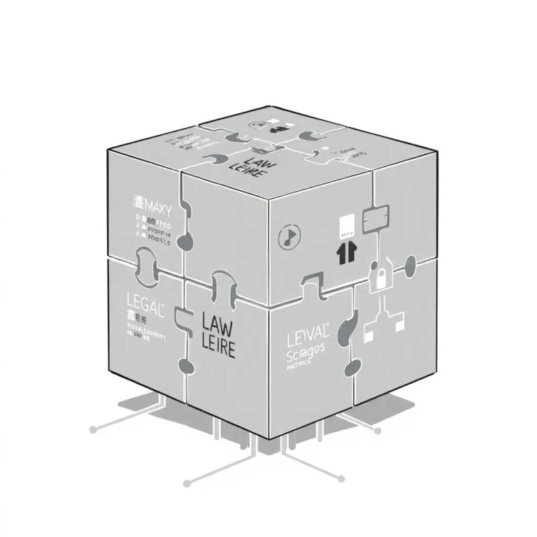 A futuristic, multi-layered puzzle cube with each face representing different global legal codes and risk assessment matrices, all interconnected by glowing AI circuits.