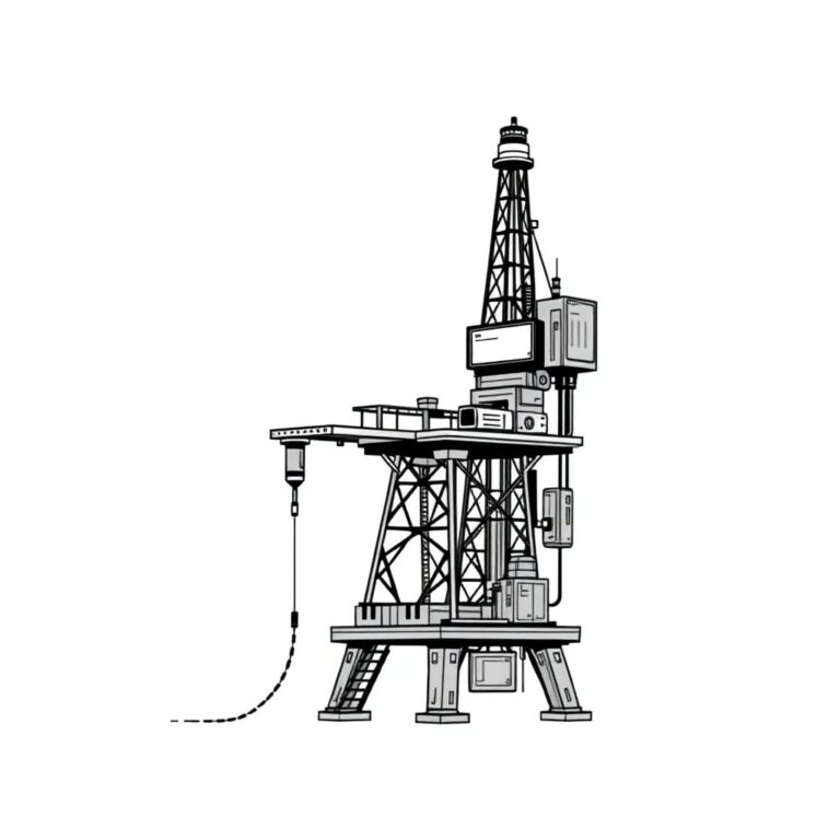 A futuristic, intricately designed oil derrick with AI circuits and digital screens integrated into its structure, pumping out streams of binary code instead of oil.