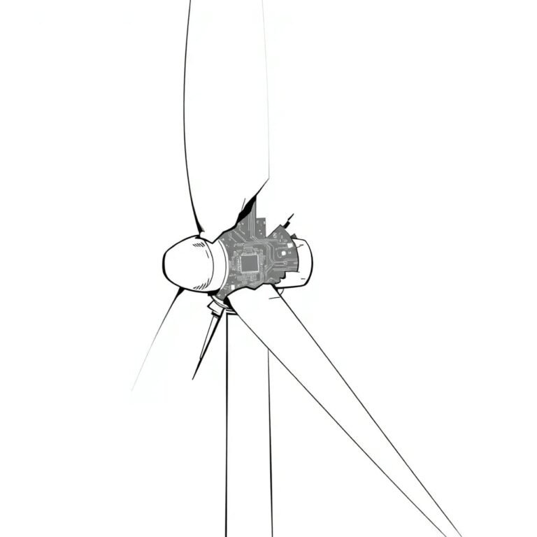 A shattered wind turbine blade with a glowing circuit board embedded within