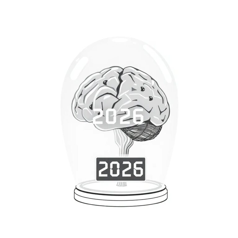 A futuristic, transparent AI brain with glowing neural pathways, encased in a glass dome with a digital clock counting down to 2026, surrounded by a halo of ethically ambiguous scenarios projected onto the glass.