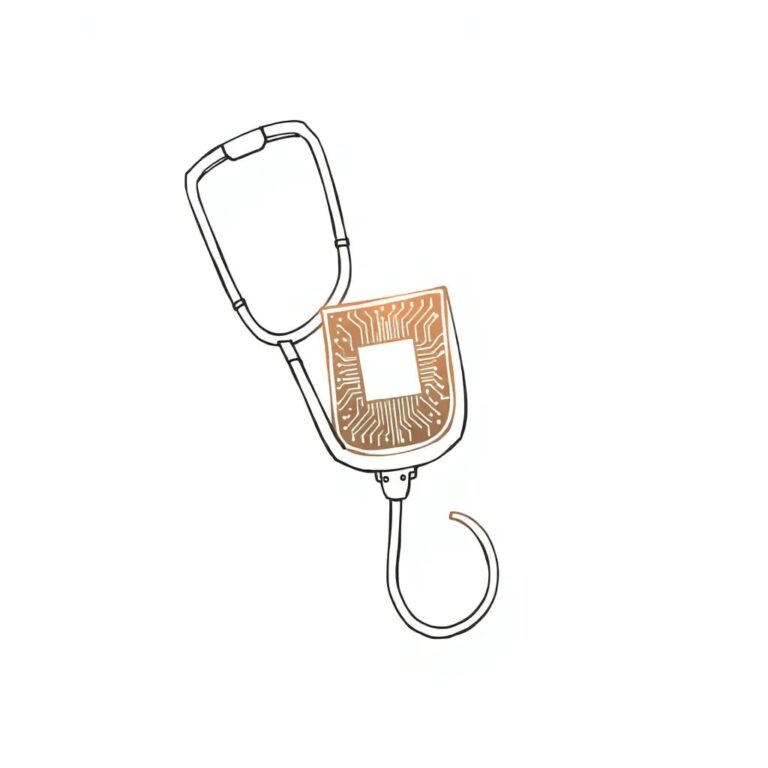 A fractured digital stethoscope with a glowing AI circuit board inside