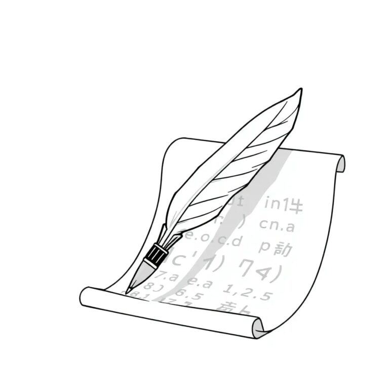 A quill pen with a circuit board nib, writing on a scroll of transparent digital code