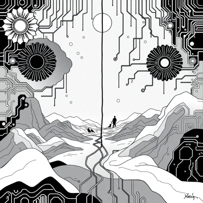 A futuristic, intricately woven digital tapestry depicting a blend of traditional Indian motifs and AI circuitry, with a central thread that can be pulled to reveal a stormy economic landscape.