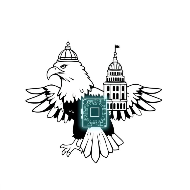 A double-headed eagle, one head wearing a state capitol dome as a crown and the other a federal building, both clutching a glowing circuit board in their talons.
