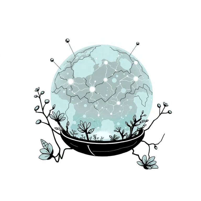 A futuristic, multi-layered holographic globe with interconnected neural networks pulsating within, surrounded by a dynamic, ever-evolving ecosystem of digital flora and fauna.
