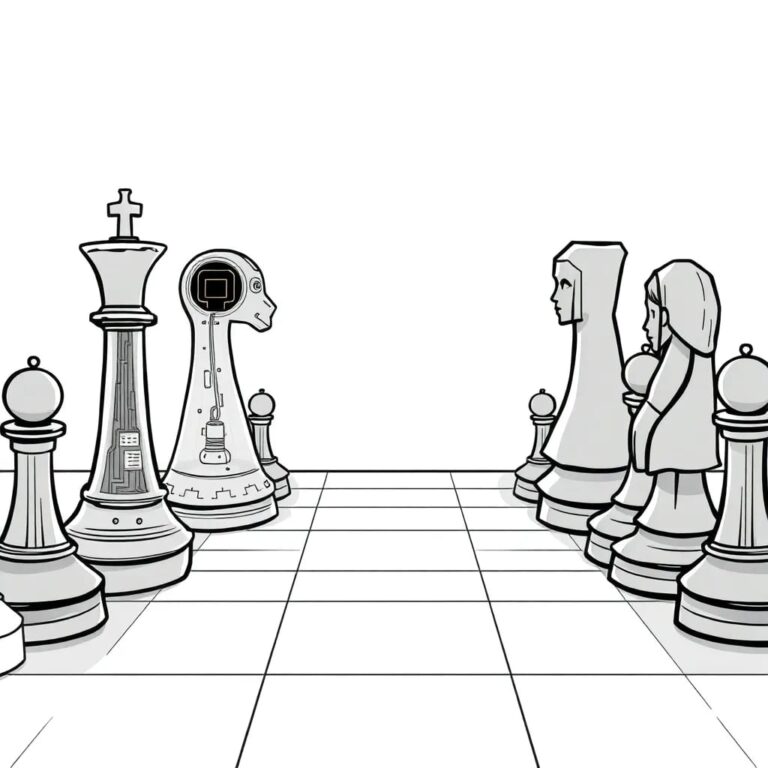 A chessboard with AI-controlled pieces facing off against human-controlled pieces, where one side's pieces are made of transparent glass showing intricate circuits inside, while the other side's pieces are traditional wooden carvings.