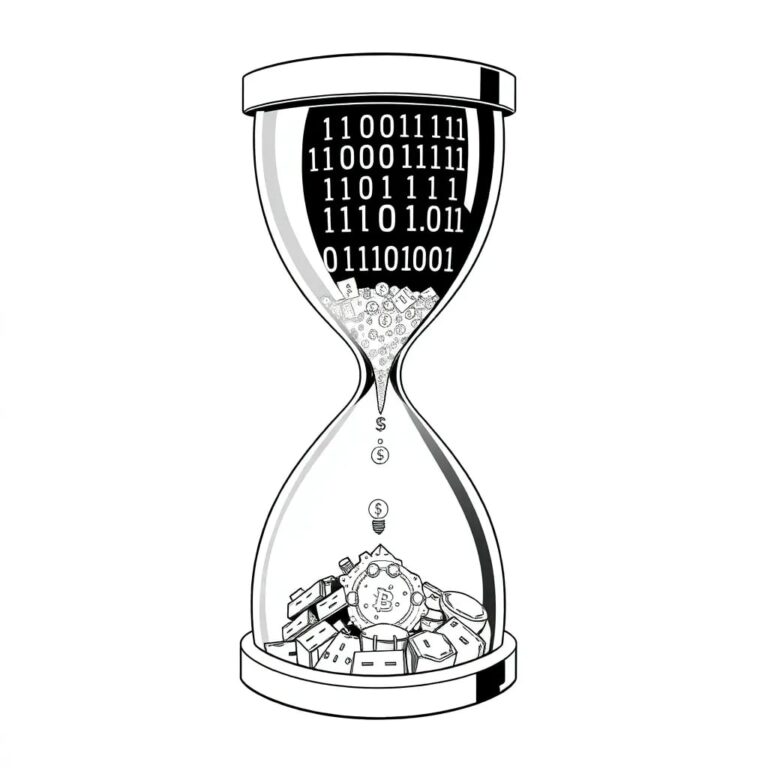 A futuristic, transparent hourglass filled with binary code and digital currency symbols, with a cracked hourglass base leaking sand onto a fragmented circuit board.