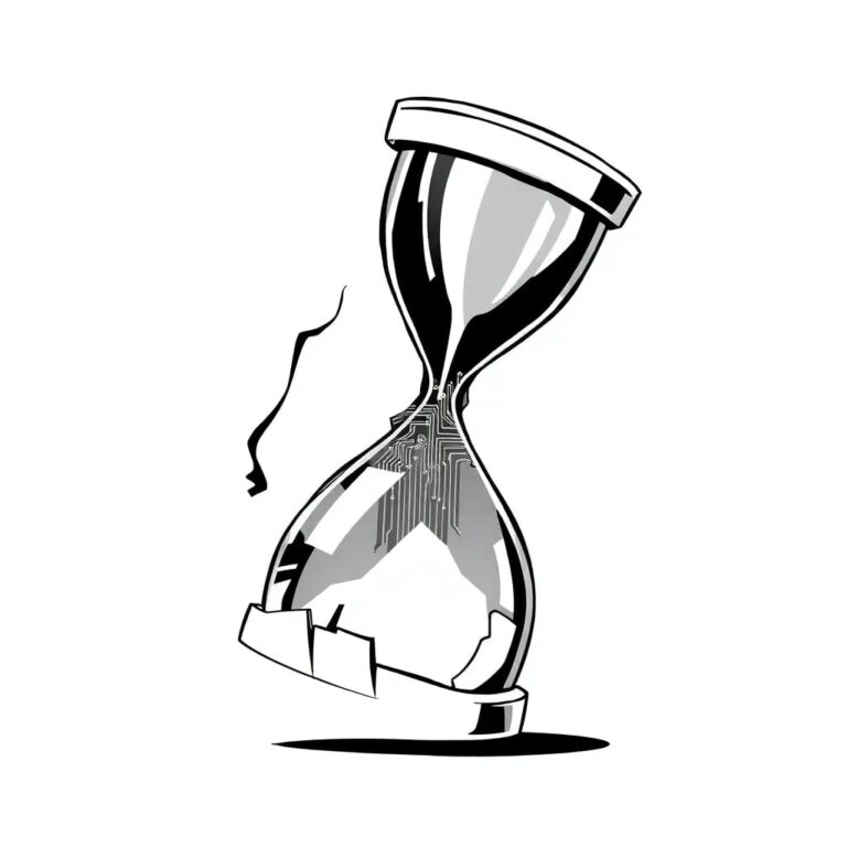 A shattered hourglass with a digital circuit board embedded within its broken glass