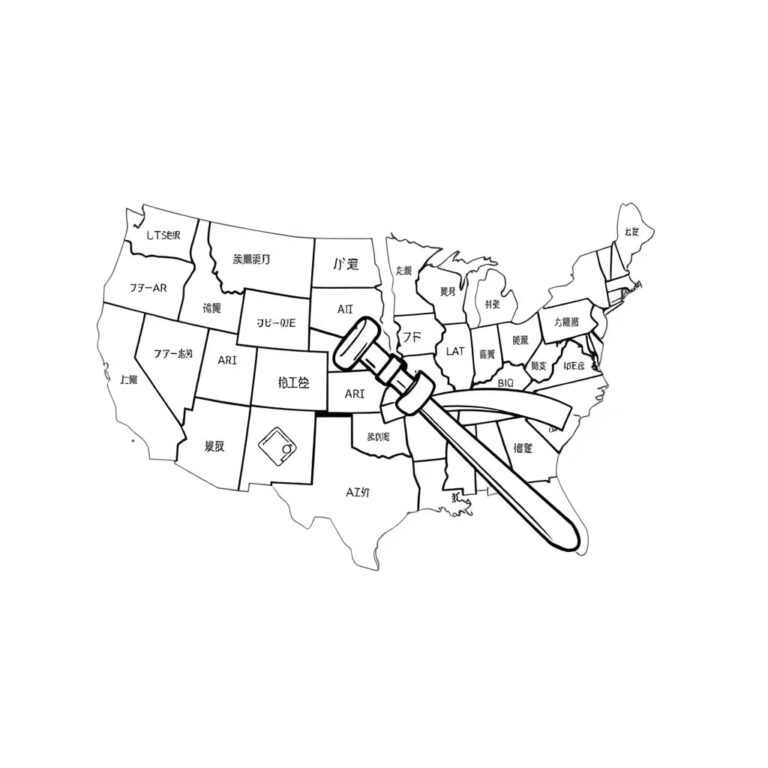 A shattered mosaic of state maps, each piece displaying a different AI algorithm, held together by a fraying congressional gavel ribbon