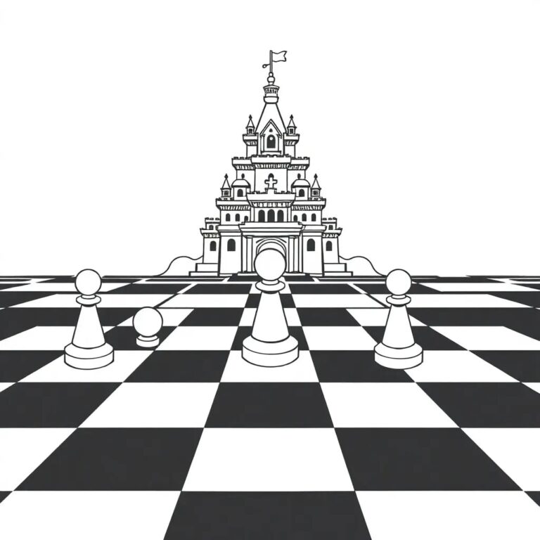 A chessboard with three pawns strategically placed on a path towards a futuristic AI-themed castle