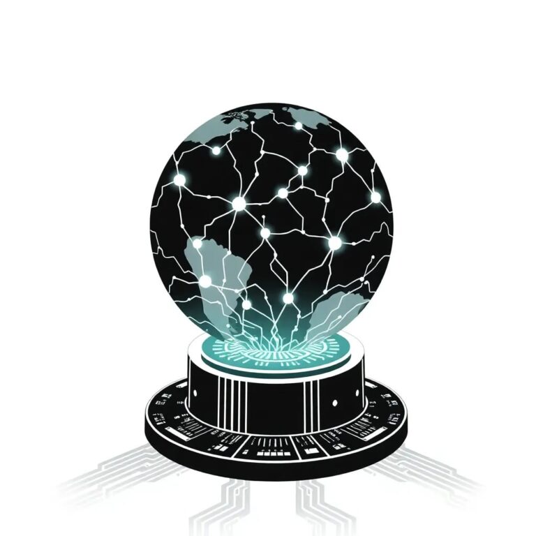 A globe with interconnected neural networks glowing beneath its surface, rotating on a pedestal made of digital circuit boards