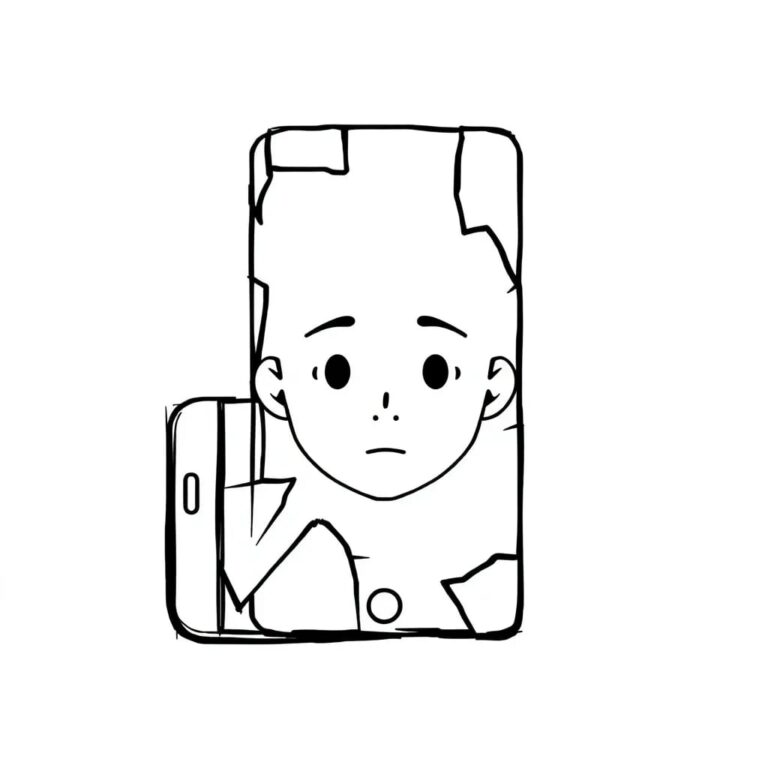 A shattered smartphone screen revealing a digital avatar's face