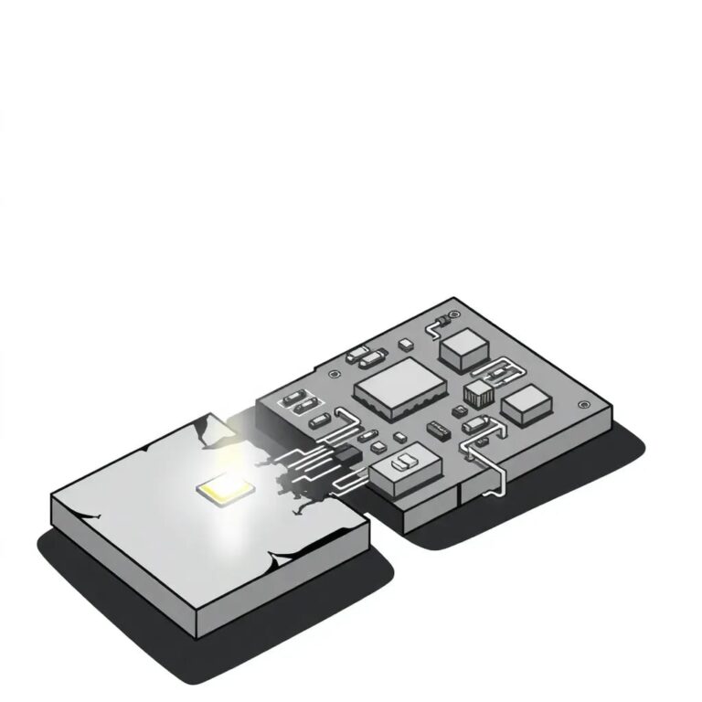 A shattered, glowing circuit board with a single, flickering LED light
