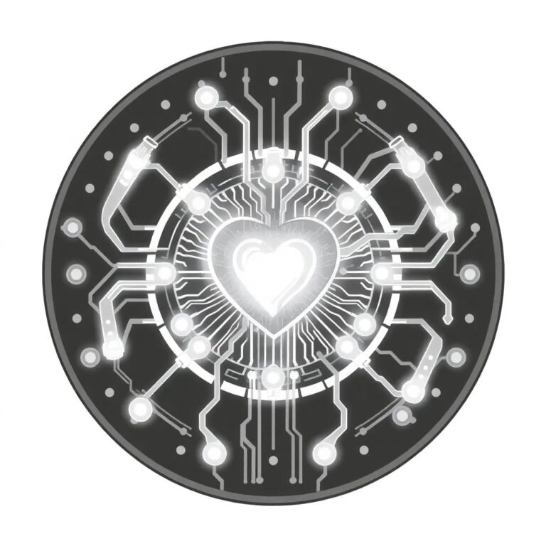 A futuristic, intricately designed AI circuit board with a glowing, pulsating heart at its center, surrounded by a network of transparent, interconnected tubes filled with shimmering, liquid data.