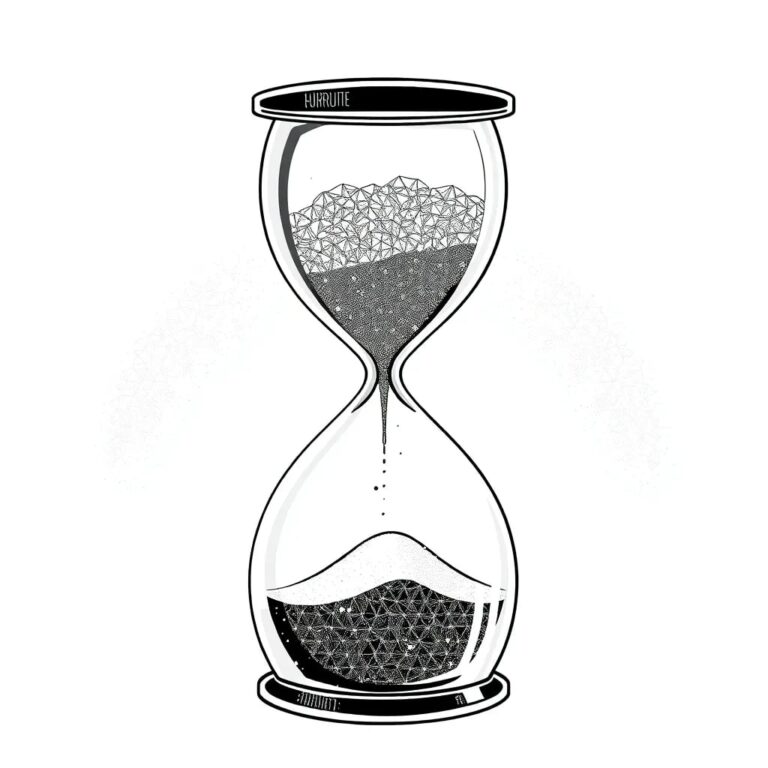 A glass hourglass filled with shimmering, iridescent sand, where each grain represents a line of code, and the hourglass is encased in a transparent, unbreakable AI-generated lattice.