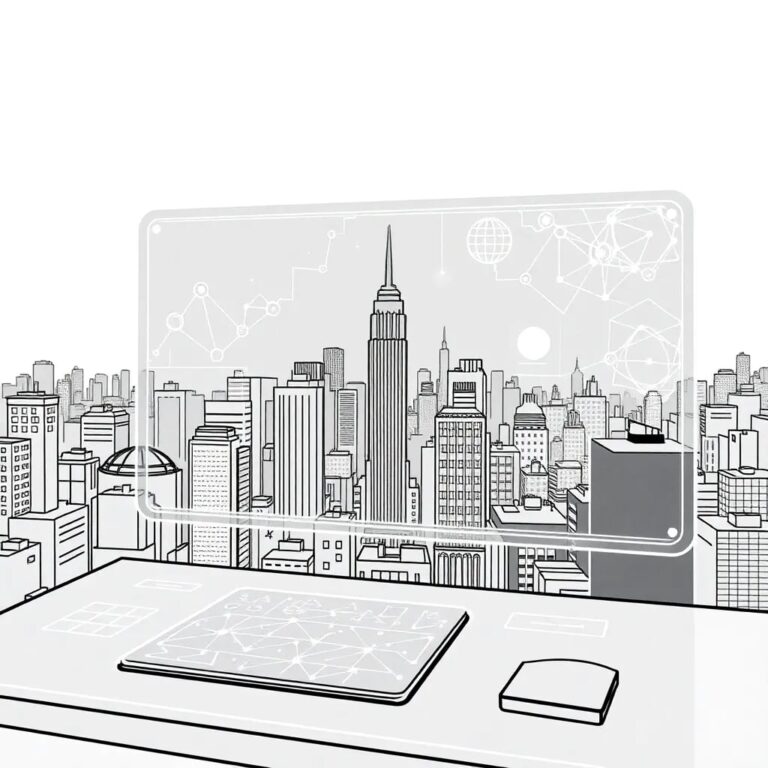 A futuristic, transparent AI control panel with a pulsating, holographic neural network overlay, displaying real-time data streams and adaptive governance algorithms, all set against the backdrop of the New York skyline.