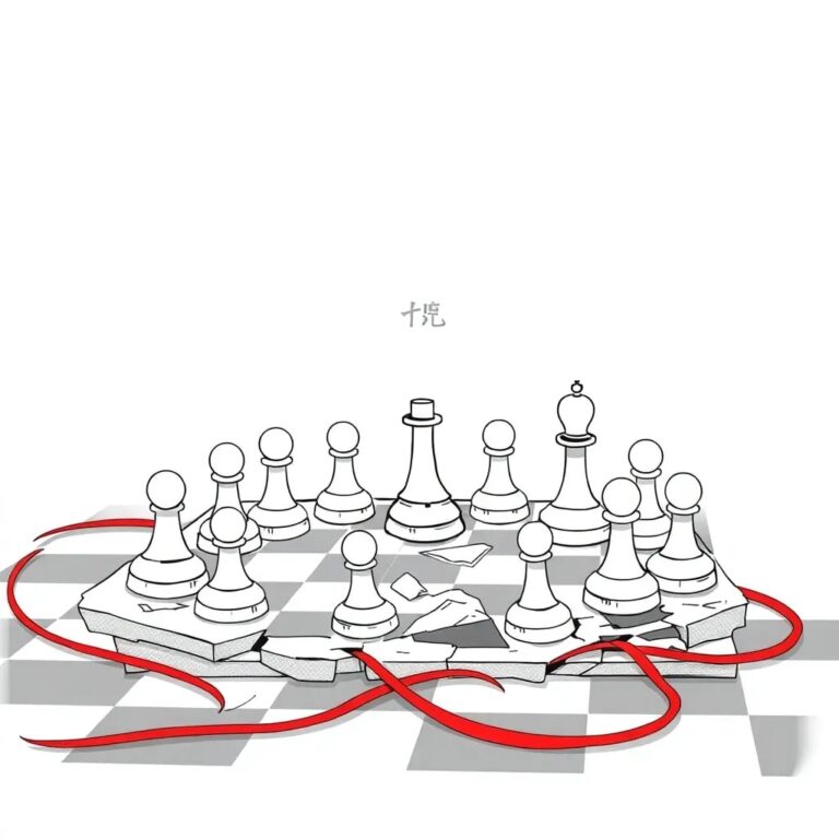 A shattered chessboard with AI-controlled pieces frozen mid-move, surrounded by a web of regulatory red tape