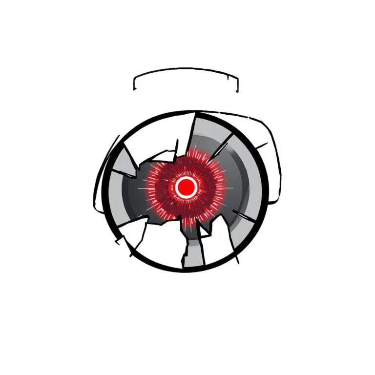 A shattered surveillance camera lens with a digital eye iris embedded within it, glowing with a pulsating red light.