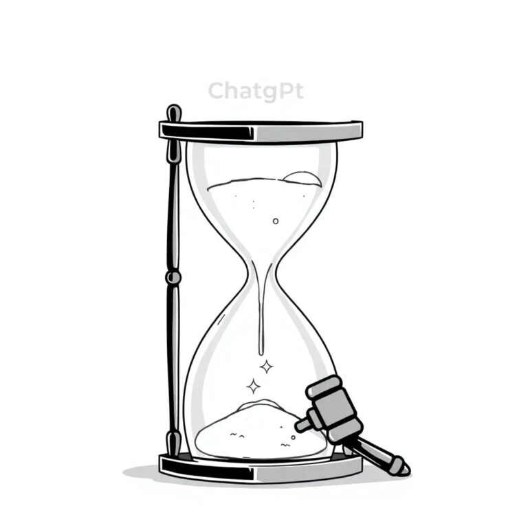 A shattered digital hourglass with glowing sand flowing from a ChatGPT logo at the top to a gavel at the bottom