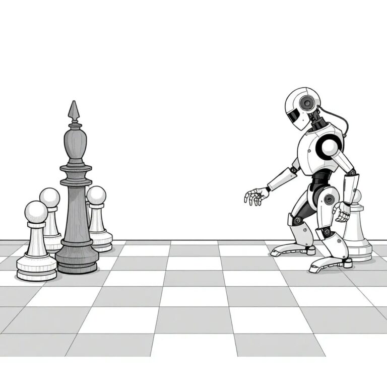 A mechanical chessboard where half the pieces are traditional wooden figures and the other half are sleek, futuristic robotic pieces, with a few pieces in mid-motion, illustrating the dynamic interplay between human and AI workers.